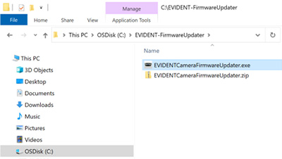 Open the local HDD/SDD folder, which contains the downloaded  EVIDENT Camera Firmware Updater ZIP file in Windows Explorer and extract it.