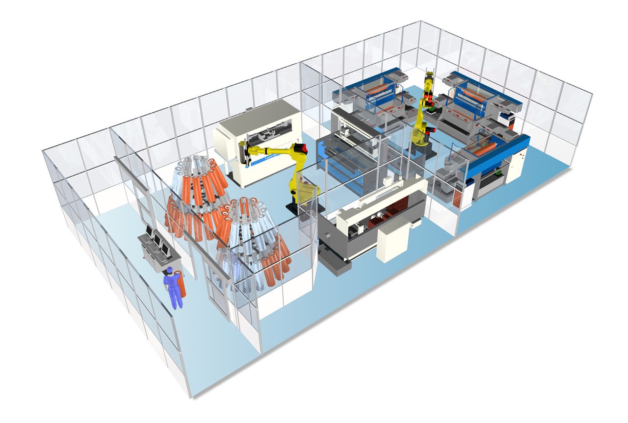 Ilustração de um sistema automatizado de produção de cilindros para rotogravura Think Laboratory FX3 instalado no fábrica de um cliente: imagem cortesia do Think Laboratory 
