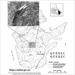 Figure 1: Map of the source location of Mistassini quartzite in the Colline Blanche formation