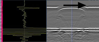 Typical “Parallel” Weld Scanning Setup and Data Collected. Data is side view of weld from scan start to scan finish across the weld. Position of encoder and scanning direction are highlighted.