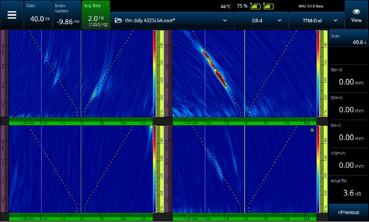 OmniScan X3 위상 배열 결함 탐상기 디스플레이 상에 표시된 4개의 TFM 모드 이미지