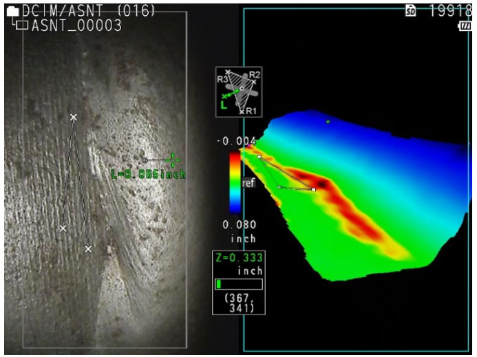2D view and 3D modeling measurement tools on the IPLEX NX videoscope