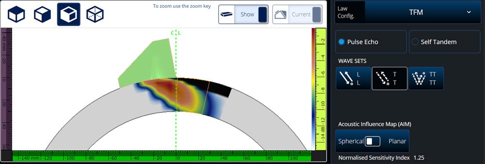 Example of an AIM simulation on a pipe wall using a probe and wedge and TT TFM wave set on a spherical reflector
