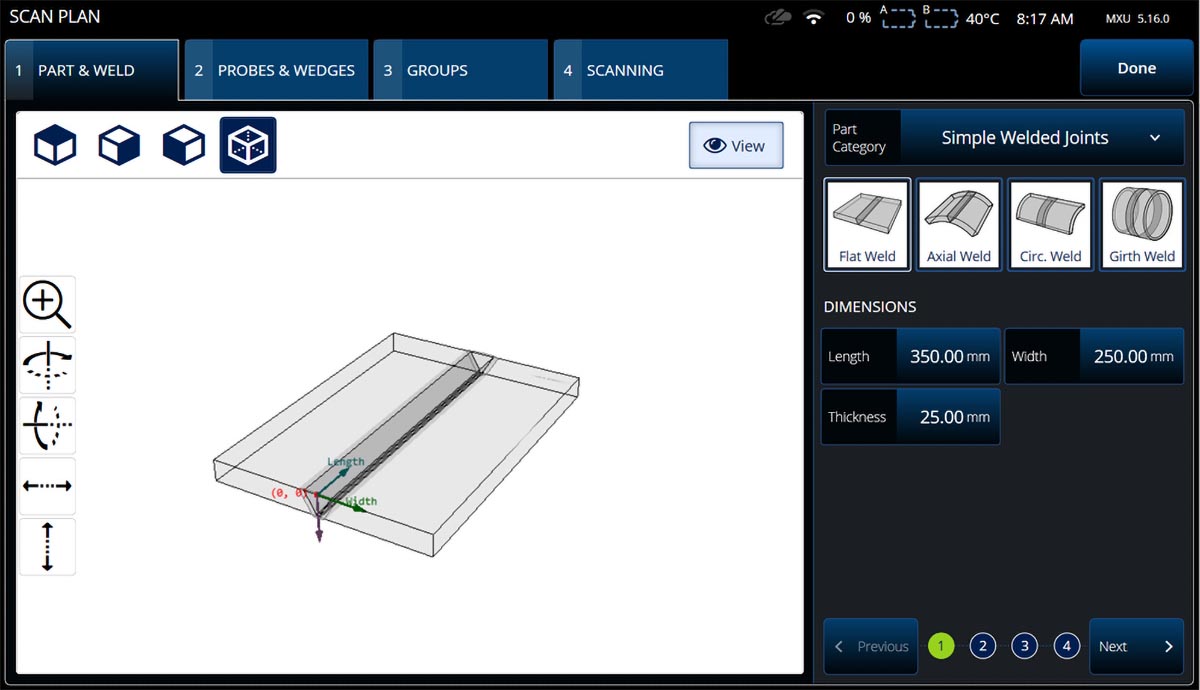 Représentation 3D d’une pièce à inspecter avec soudure, et configuration de la soudure dans le plan d’inspection de l’OmniScan X3