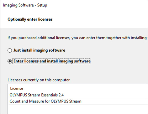 Wählen Sie „Enter licenses and install imaging software“ (Lizenzen eingeben und Imaging-Software installieren) und klicken Sie auf „Next“ (Weiter).