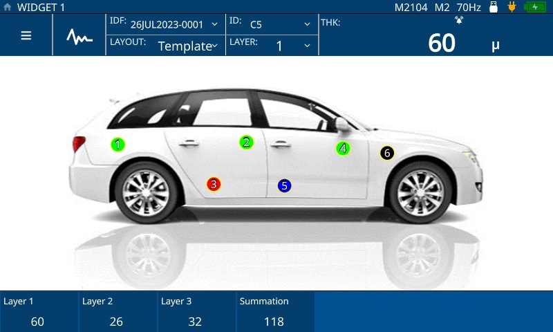 Interaktivní uživatelská šablona pro měření tloušťky automobilového laku