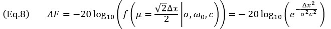(Eq.8) F=-20 log_10⁡〖(f(μ=(√2 Δx)/2│σ,ω_0,c))=〗-20 log_10⁡〖(e^(-(Δx^2)/(σ^2 c^2 ))  ).   〗