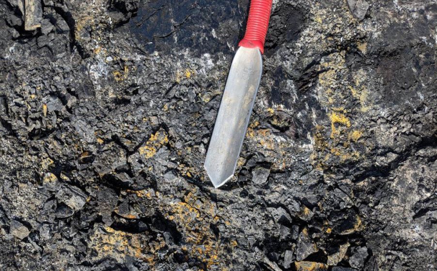Trowel for gathering lignite coal samples for X-ray spectroscopy analysis to determine sulfur content using the Vanta XRF gun.