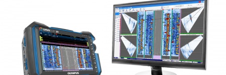 OmniScan X3 phased array flaw detector and WeldSight advanced analysis software on a computer screen