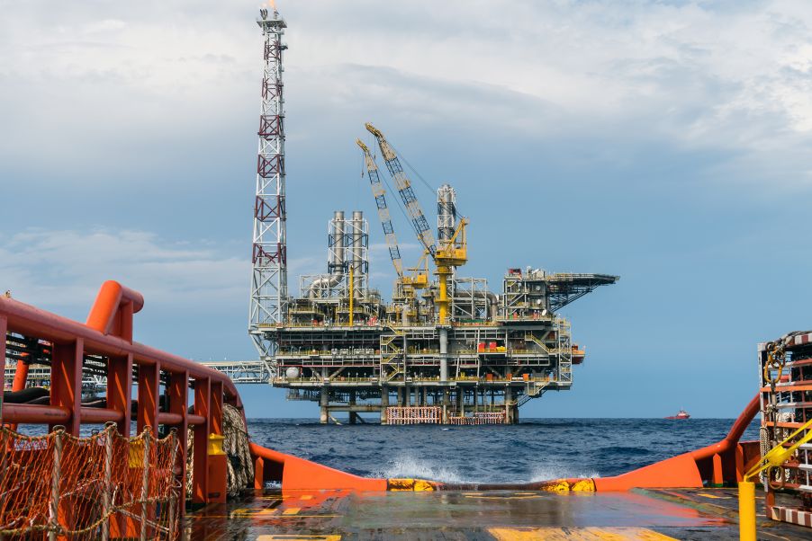 View of an offshore oil production platform from a tugboat