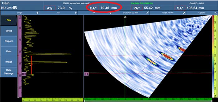 Секторное сканирование боковых сверлений (SDH) диам. 5 мм на глубине 60 мм, 70 мм и 80 мм