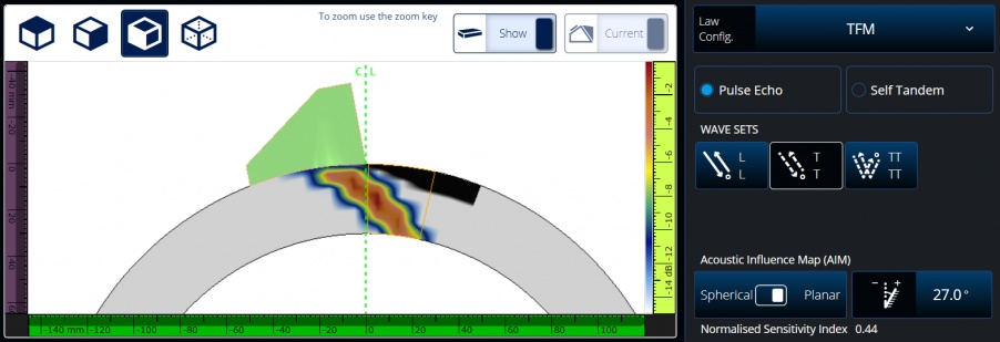 Example of an AIM simulation on a pipe wall using a probe and wedge and TT TFM wave set on a planar reflector