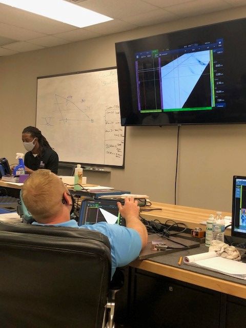 NDT technicians use OmniScan X3 flaw detectors during a PAUT class at Lavender International’s training facility in Houston, Texas.