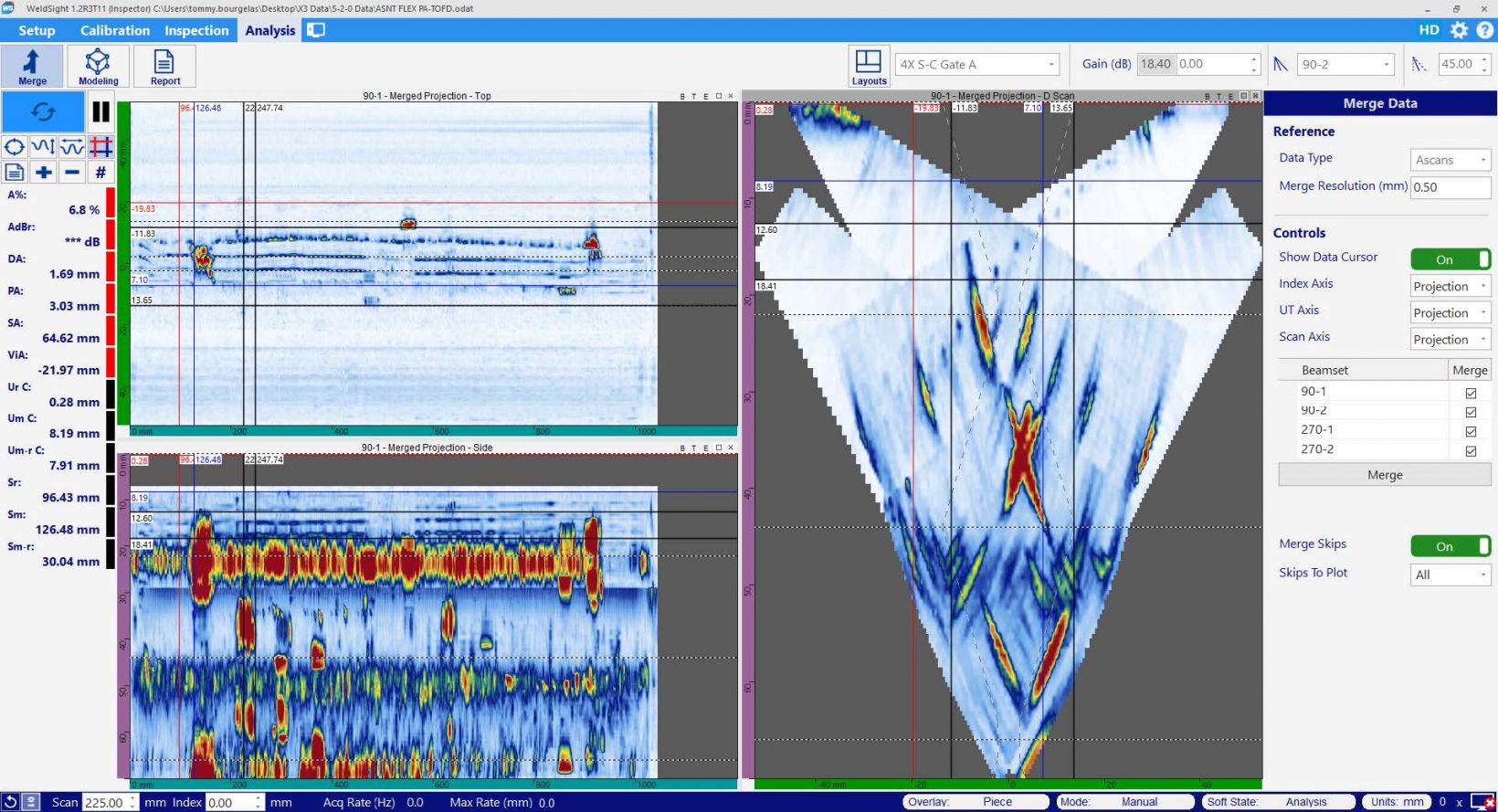 OmniScan X3探傷器のフェーズドアレイ溶接部検査画像データのマージと、WeldSightソフトウェアの投影カーソルツール 